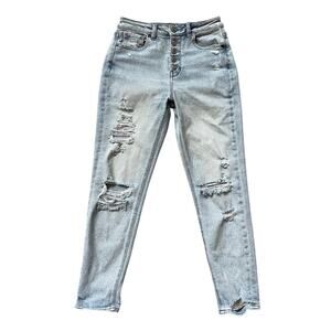 American Eagle High-Waisted Distressed Mom Jeans | 0 Regular, Button Fly, Light